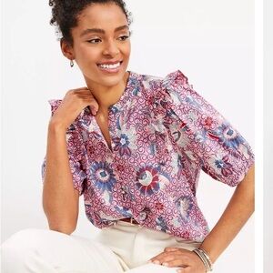Loft Floral Ruffle & Button Top